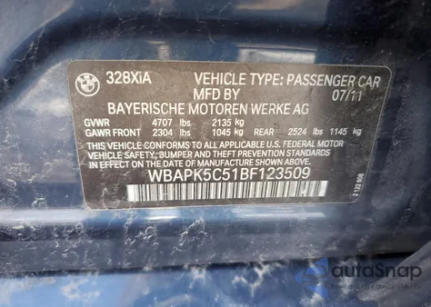 2011 BMW 328 Xi Sulev z USA, uszkodzony, nr VIN WBAPK5C51BF123509